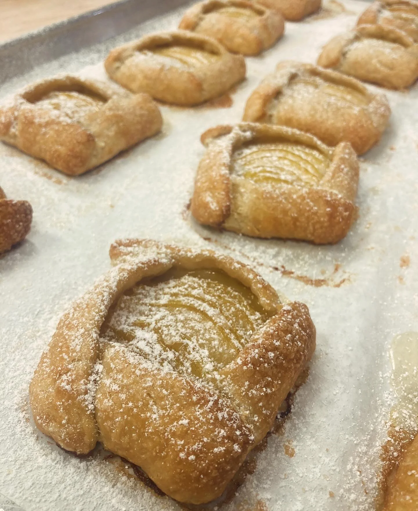 Hey y’all. It’s a good day to swing by the bakery for some seasonal favorites! Soup is back on (curried lentil today) and we have pear frangipane galettes. Sourdough specials: Kalamata olive, seeded rye, sprouted kamut, Danish barley brea