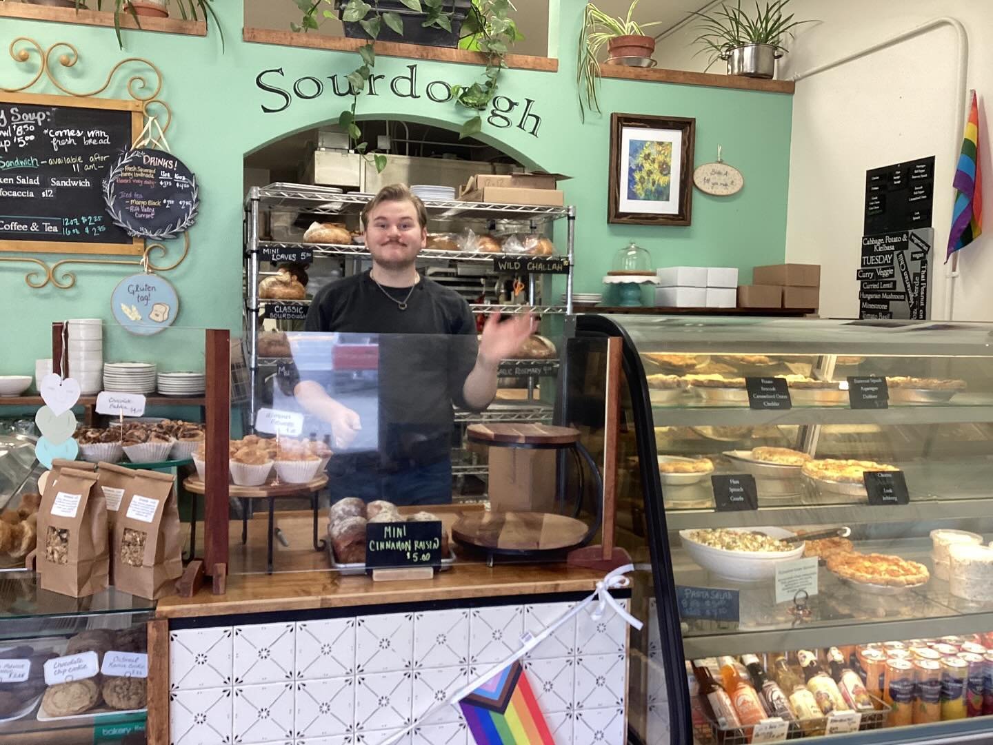 Hello everyone! Happy Saturday, today we have our specialty garlic rosemary, and cinnamon raisin sourdough. We have bluberry lavender,and strawberry chamomile scones and will have savory galleries. We are closing early, atb12 today so make sure to st