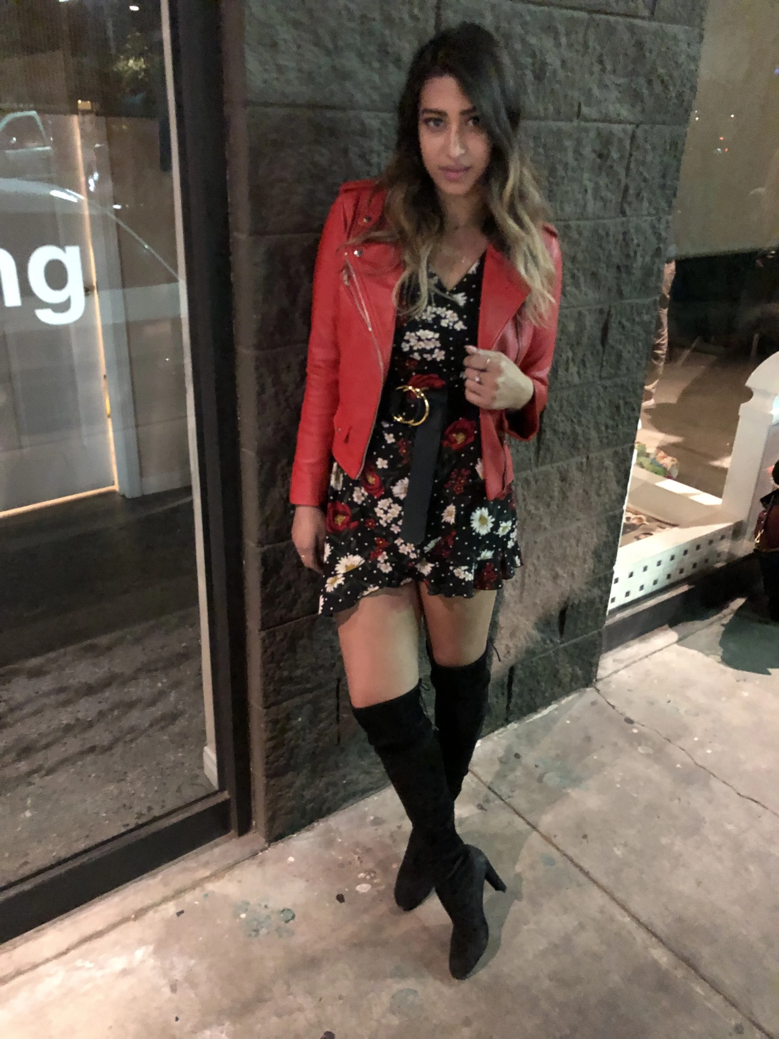 red dress thigh high boots