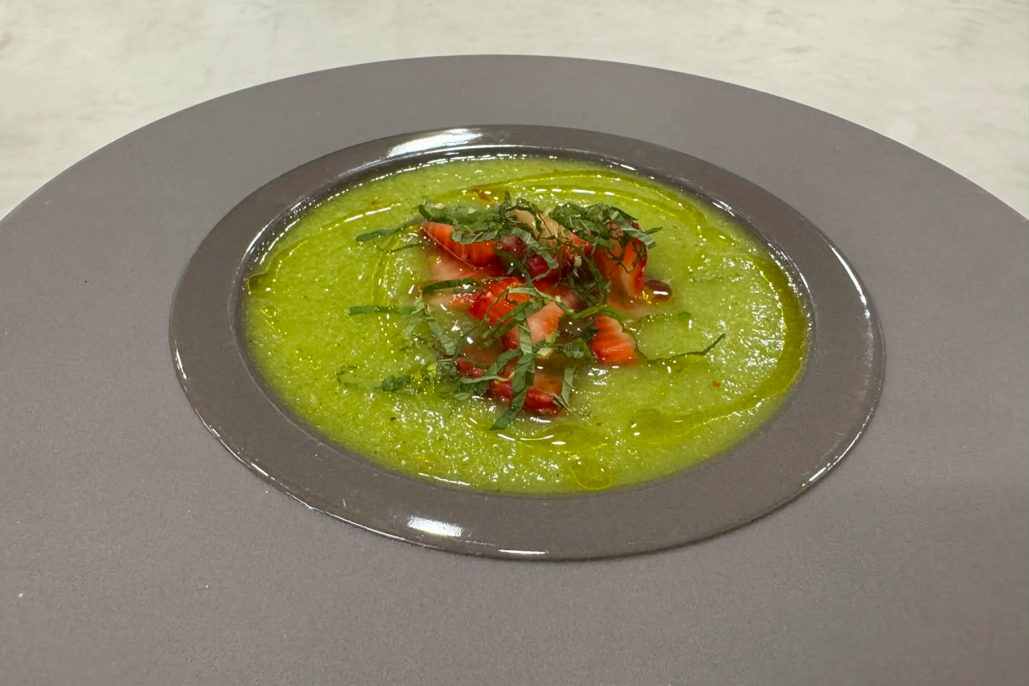 Honeydew Gazpacho with salted strawberries and chiffonade spearmint — Chef Alayah, Bistro 8150