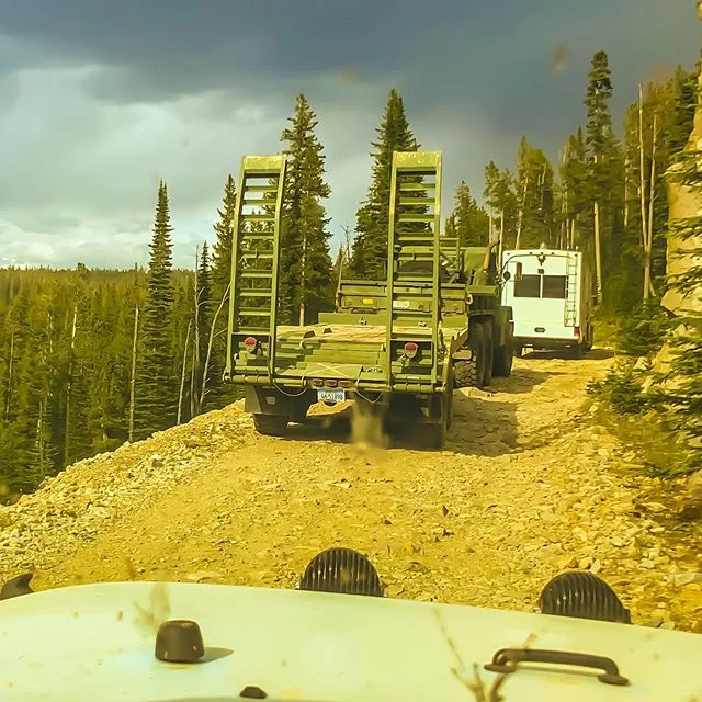 6x6ing a 40&rsquo; long 13&rsquo; tall RV to the property up a 10 mile long Jeep trail was interesting. This will be our living quarters as we build. So it&rsquo;s a must that it arrives in one piece.
.
.
.
#buildingarestaurant #offroadtrailers #mili