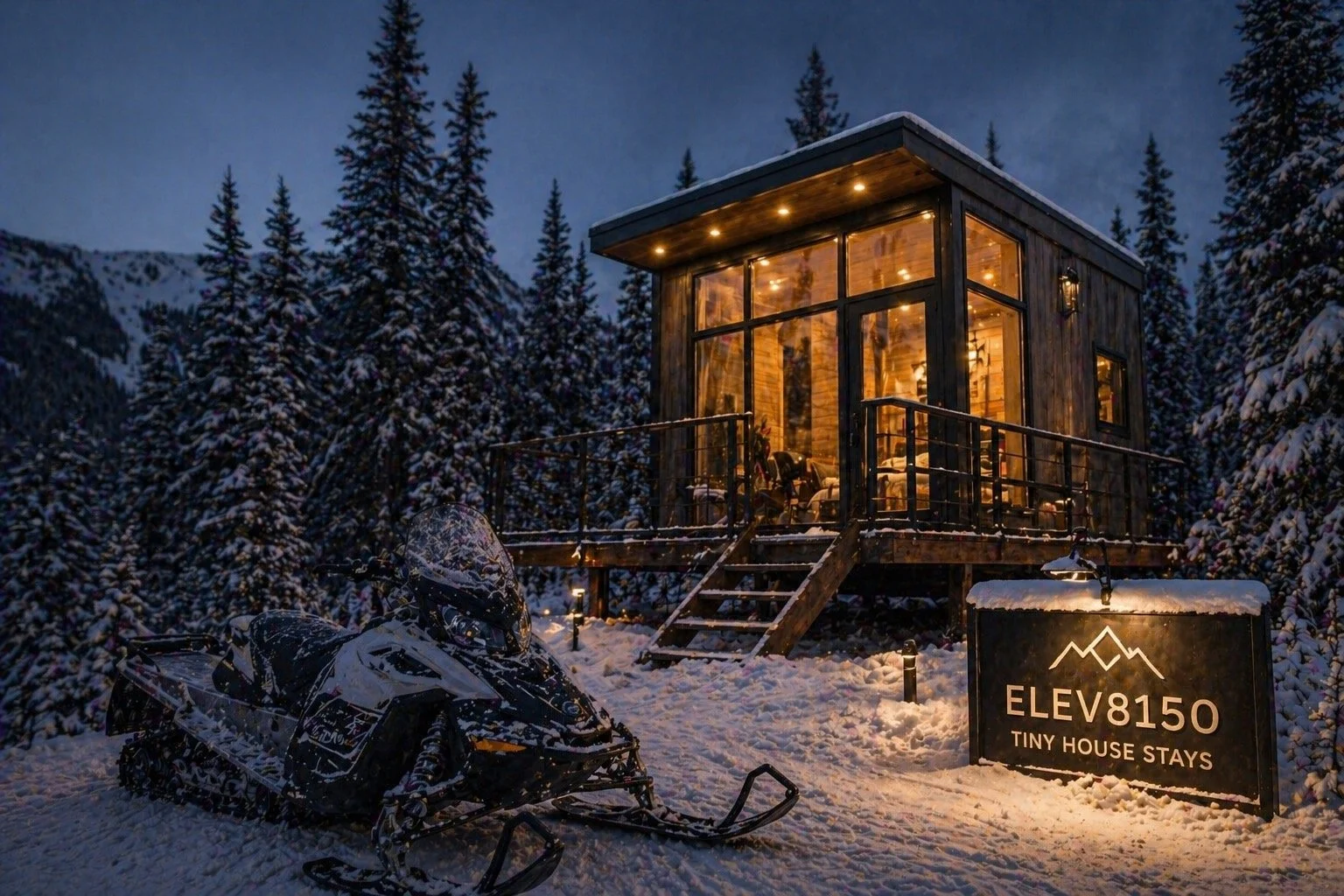 Snowmobile parked for the night in front of modern Elev8150 tiny house stay in winter snow, Anaconda Montana