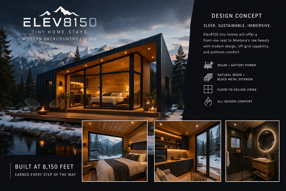 Elev8150 off-grid tiny house estate — Montana mountains at dusk