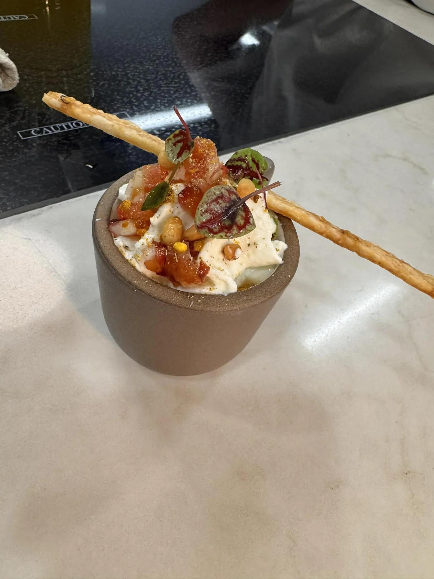 Peach and fennel gazpacho with lemon chev goat cheese, baked cracker tile with pistachio and honey — Chef Alayah, Bistro 8150