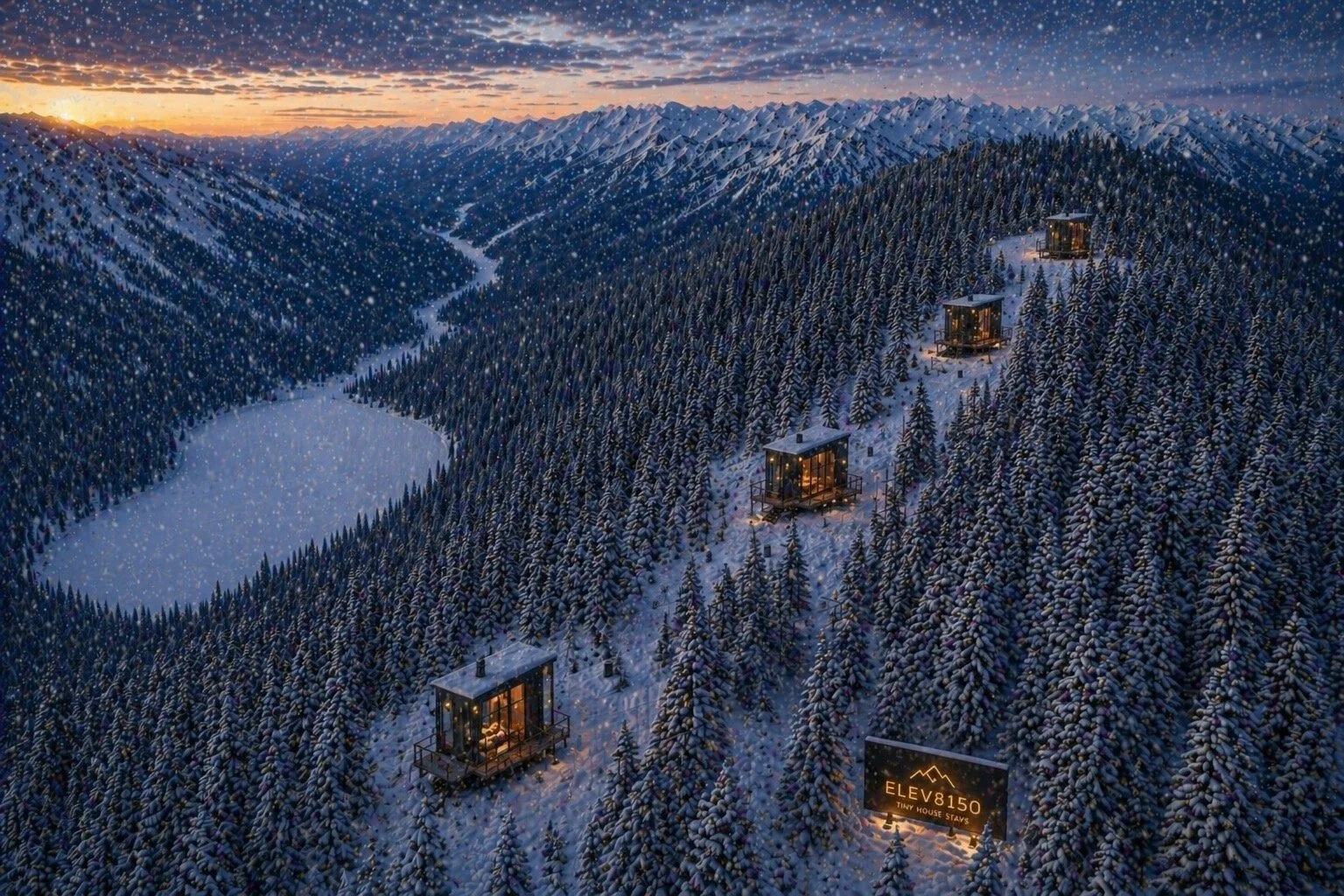 Bird's eye aerial view of Elev8150 tiny house village on Montana ridgeline at dusk in snow with lit Elev8150 sign