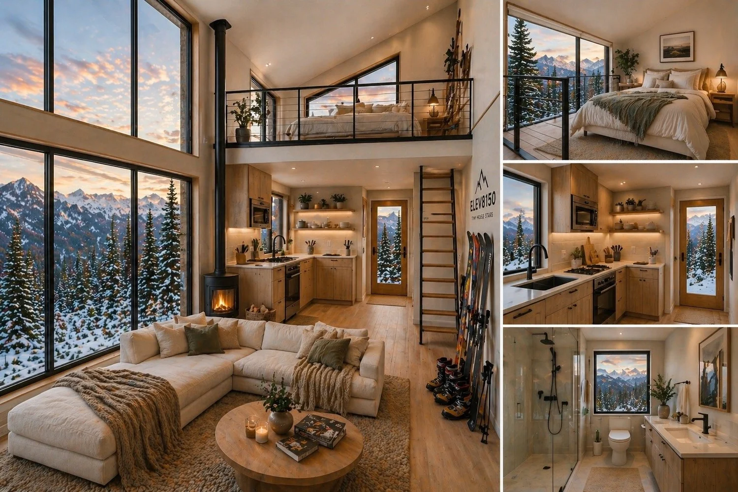 Modern tiny house cabin bedroom interior at Elev8150 mountain stay, Anaconda Montana