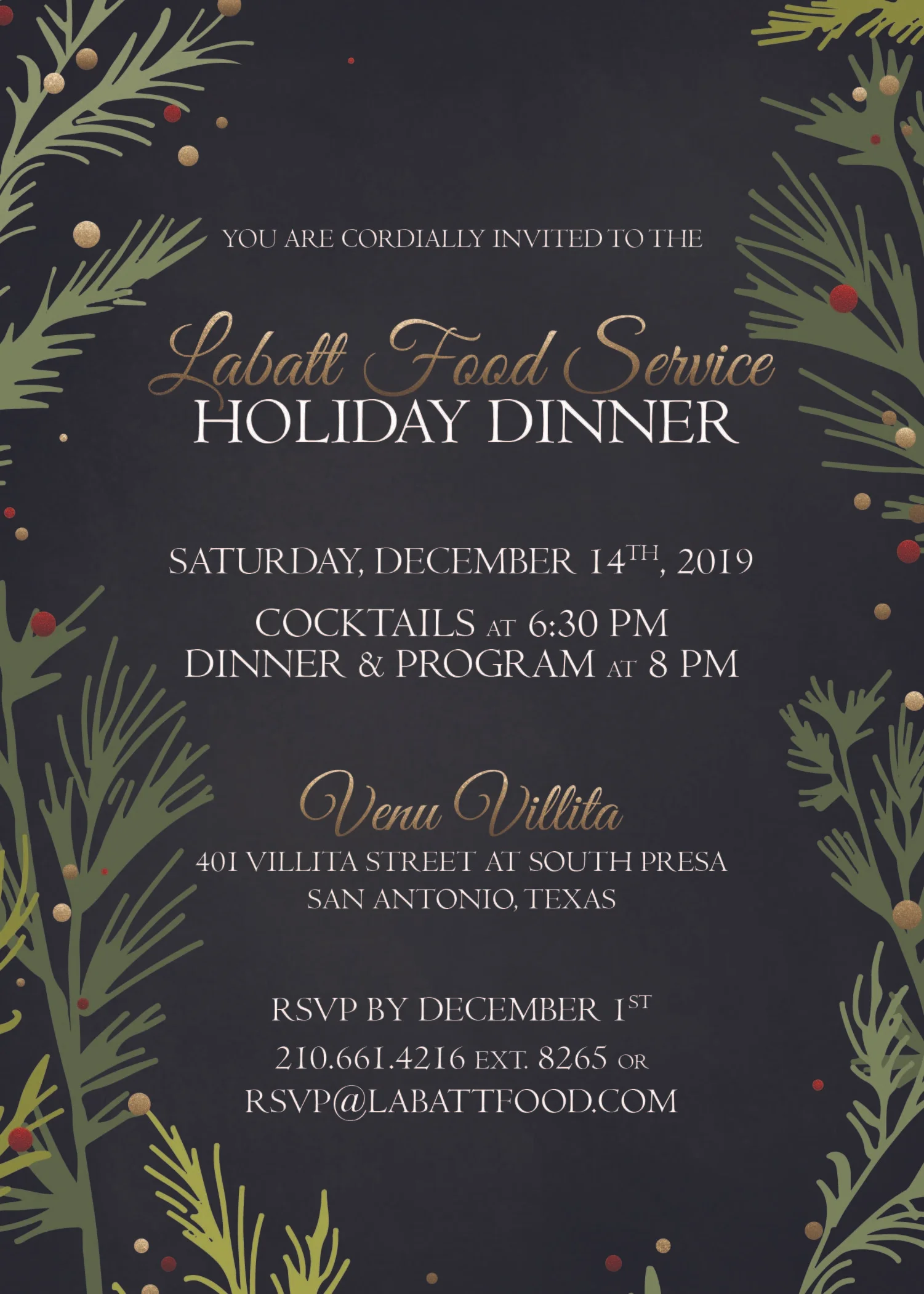 Holiday Dinner Invitation 2019 (Green Leafs - Gold) -01.jpg