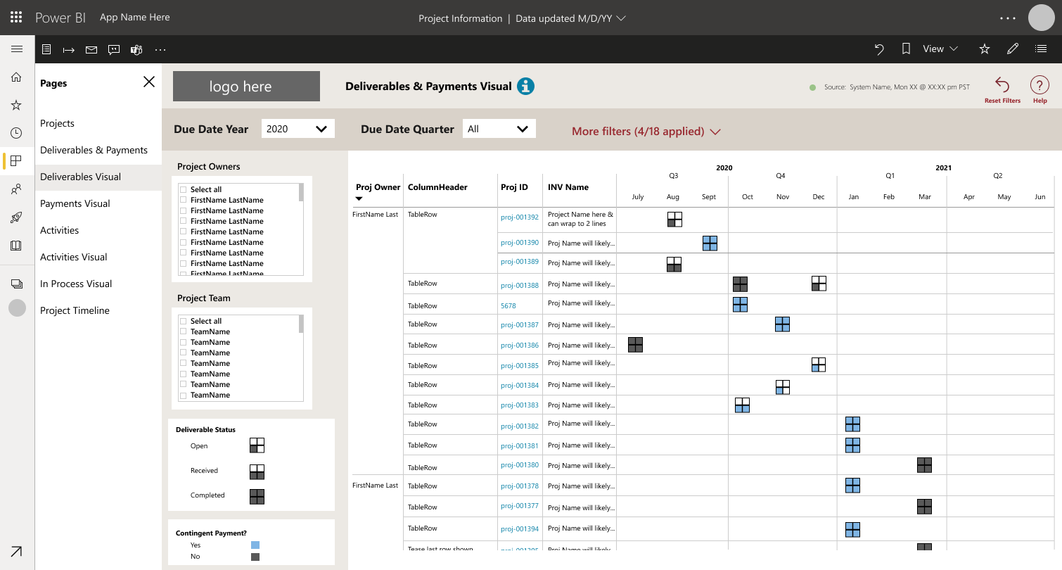 Early wireframe draft showing the placeholder PBI icon set.