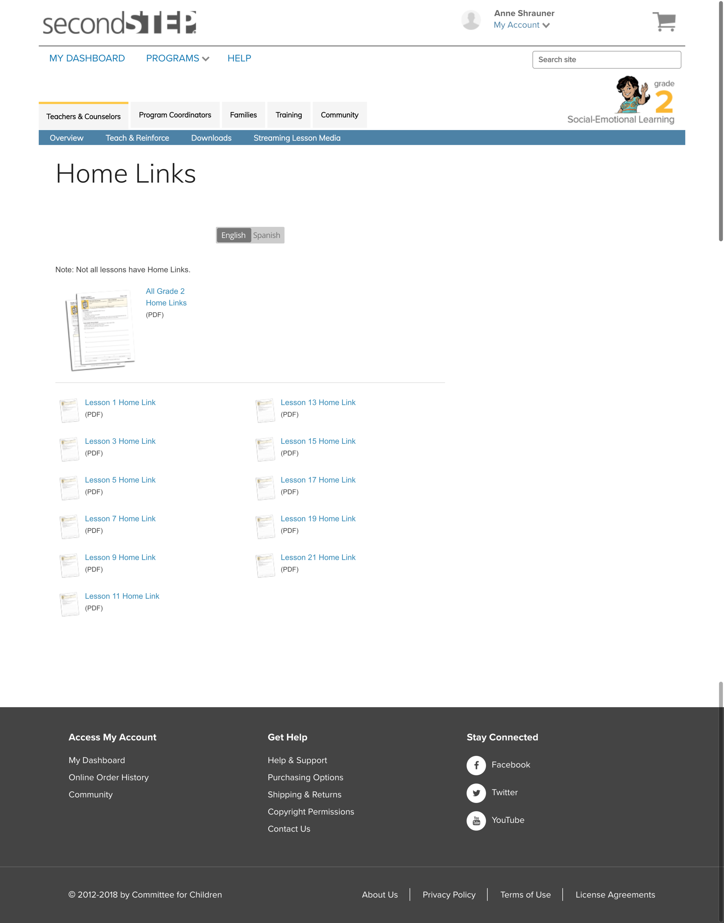 Before: List of Home Links for Grade 2.