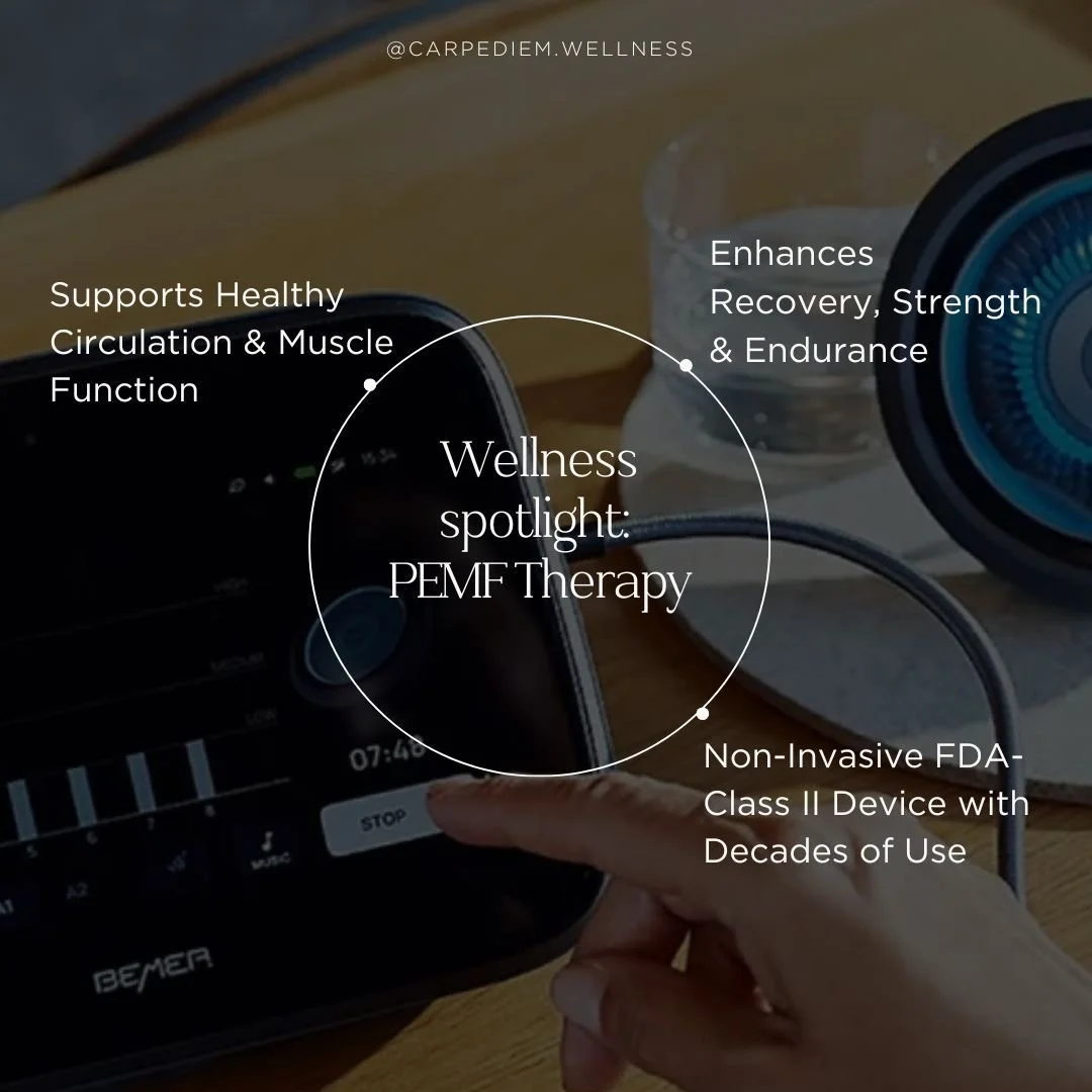 ✨ PEMF Therapy at Carpe Diem Wellness ✨
PEMF (Pulsed Electromagnetic Field) therapy is a non-invasive way to support your body at the cellular level. By gently stimulating microcirculation, PEMF helps improve oxygen and nutrient delivery&mdash;key fo