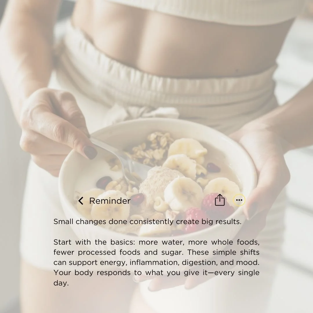 Small changes done consistently create big results. 🌿
You don&rsquo;t need perfection&mdash;you need direction and consistency.
Start with the basics:
💧 Drink more water
🥗 Eat more whole foods
🚫 Reduce processed foods and sugar
These simple shift