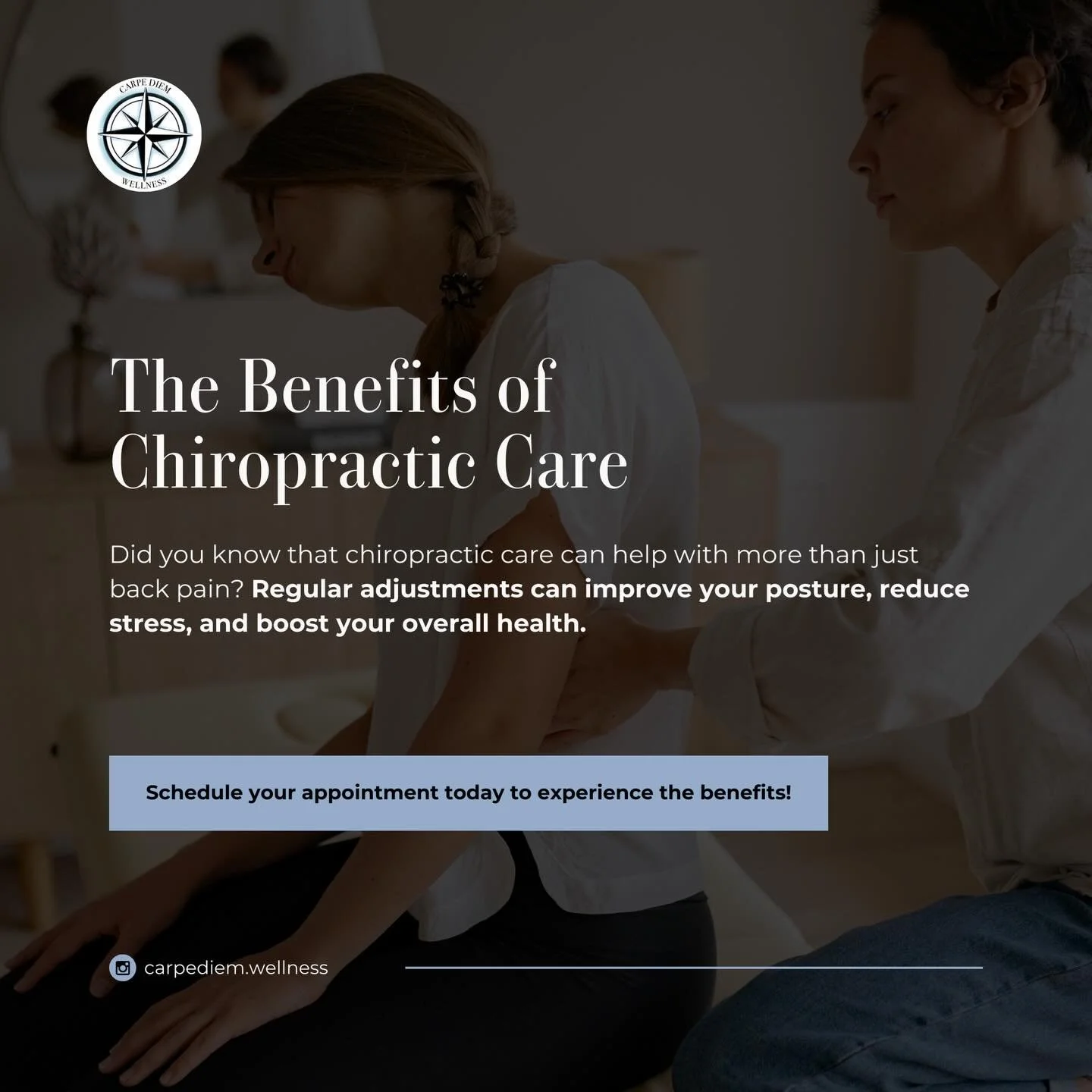 Feeling out of alignment? 🌟 Regular chiropractic care at Carpe Diem Wellness is your key to improved posture, reduced stress, and better overall health. Our Holistic Health Center is dedicated to empowering your wellness journey through foundational