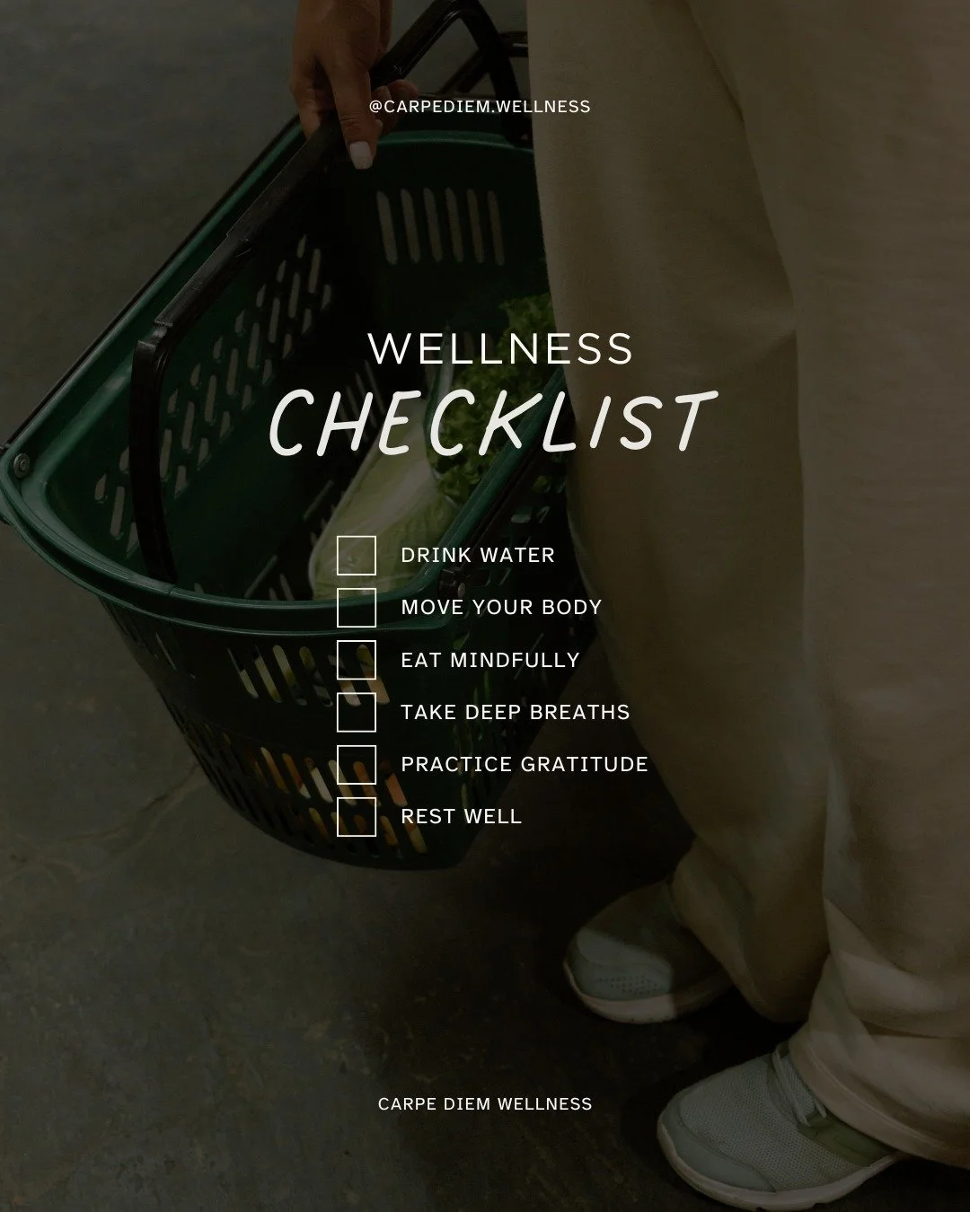 ✨ Your Daily Wellness Checklist ✨
✔️ Drink your water 💧
✔️ Move your body 🏃&zwj;♀️
✔️ Eat mindfully 🥗
✔️ Take deep breaths 🌬️
✔️ Practice gratitude 🙏
✔️ Rest well 😴
Wellness isn&rsquo;t about being perfect&mdash;it&rsquo;s about showing up for 