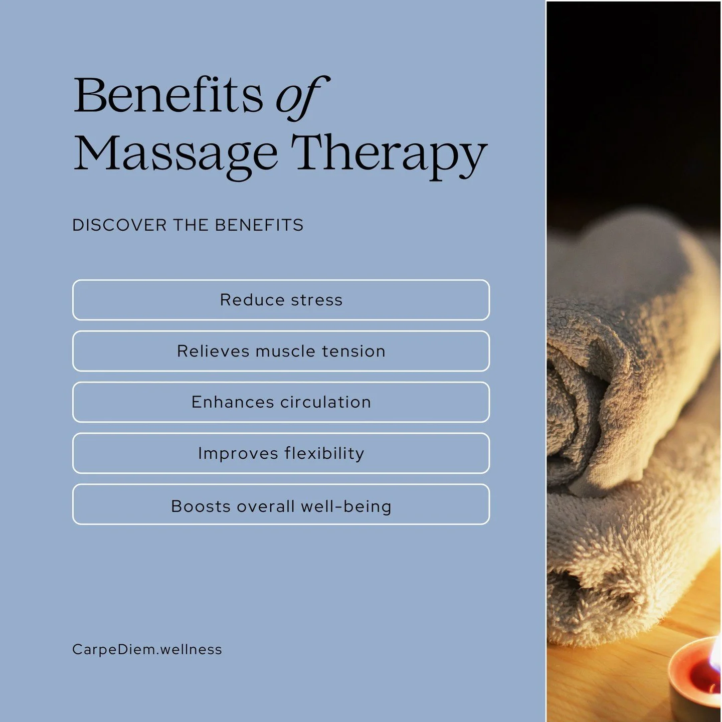 Unlock your wellness compass today. 

Curious how a single massage can chart a new course for your health? Discover a moment of calm and renewal at Carpe Diem Wellness. 

For a limited time, new clients receive $20 off a 60-minute massage. Your journ