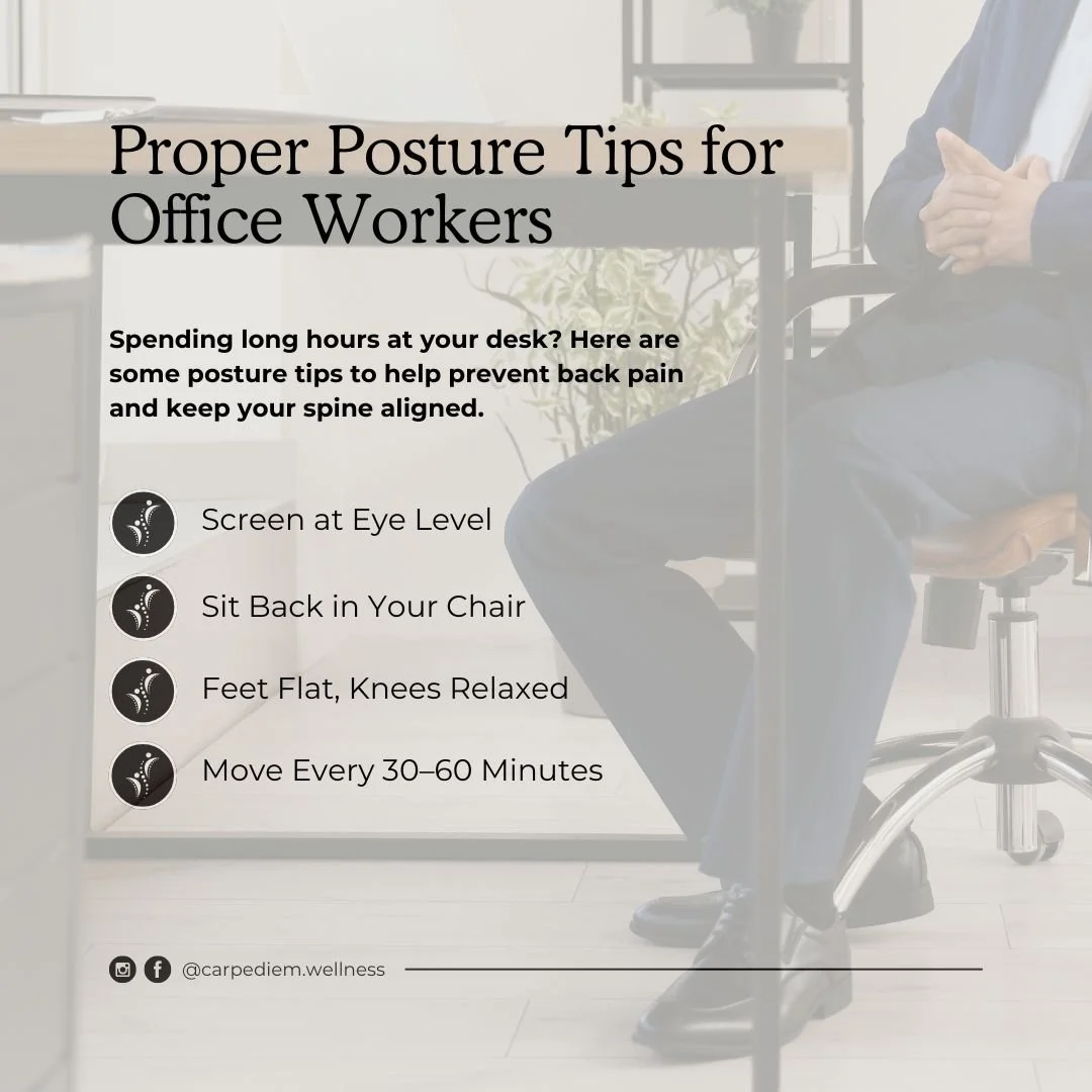Sitting all day? Your posture matters more than you think. 💻🪑
Try these 4 simple fixes to keep your spine (and nervous system) happy:
✔️ Screen at eye level
✔️ Sit all the way back in your chair
✔️ Feet flat, knees relaxed
✔️ Move every 30&ndash;60