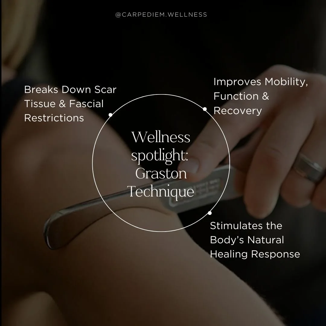 ✨ Graston Technique at Carpe Diem Wellness ✨
The Graston Technique is an evidence-informed soft tissue therapy that uses specialized instruments to locate and treat restrictions in muscles and fascia&mdash;helping your body move and heal better.
💡 W