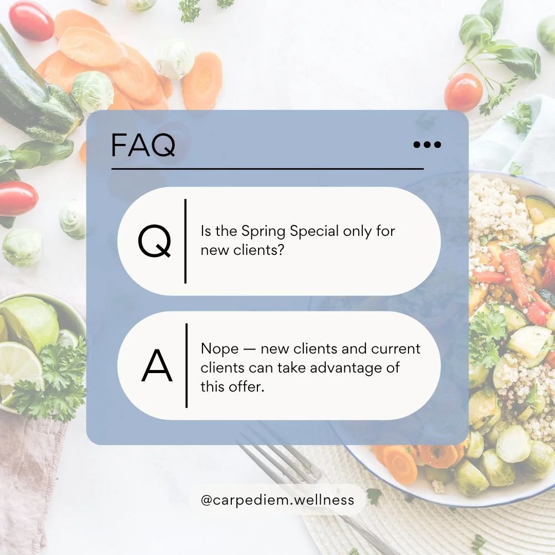 FAQ we&rsquo;re getting a lot right now: &ldquo;Is the Spring Special only for new clients?&rdquo;
Nope &mdash; new clients and current clients can take advantage of this offer.
 Whether you&rsquo;re just finding Carpe Diem Wellness or you&rsquo;ve b