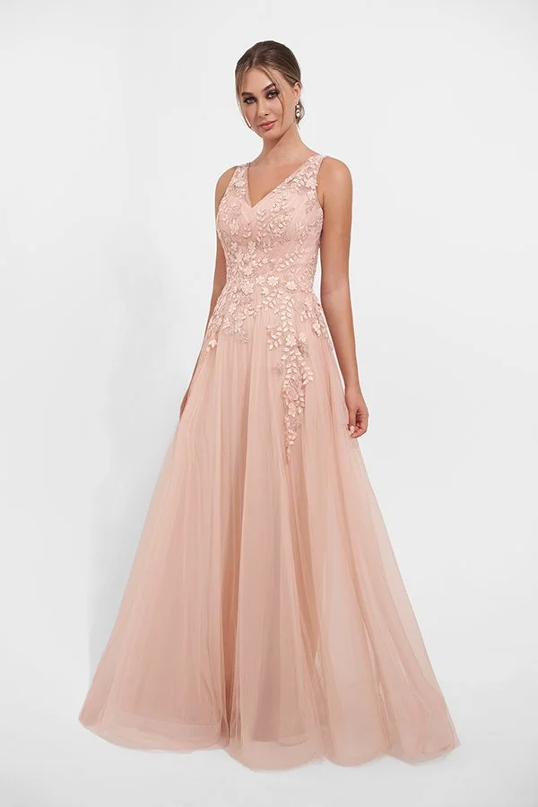 Front view of an elegant blush mother of the bride gown with a sleeveless V-neck bodice, floral embroidery and beadwork, and a flowing tulle A-line skirt for weddings and formal occasions.