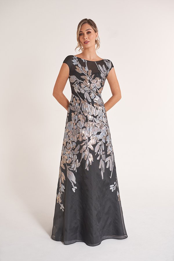 Front view of an elegant charcoal mother of the bride gown with metallic floral embroidery, cap sleeves, a flattering draped waist, and a flowing floor-length silhouette for weddings and formal events.