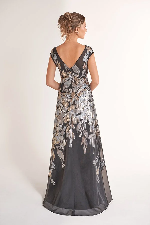 Back view of an elegant charcoal mother of the bride gown with metallic floral embroidery, cap sleeves, a flattering V-back, and a flowing A-line silhouette for weddings and formal occasions.