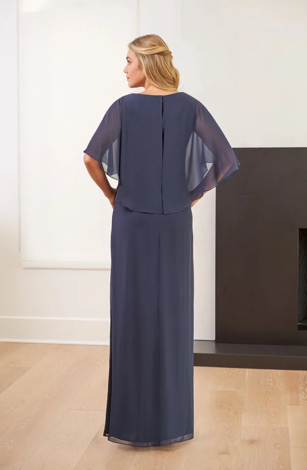 Back view of a dusty blue mother of the bride gown with a soft chiffon overlay, sheer flutter sleeves, and a graceful floor-length silhouette designed for elegant formal occasions.
