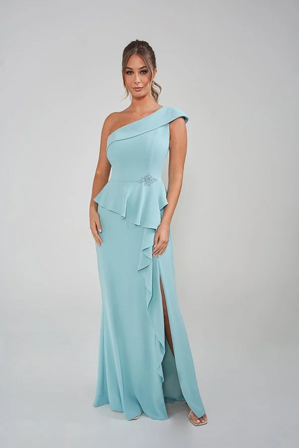 Elegant aqua mother of the bride gown featuring a one-shoulder asymmetrical neckline, cascading ruffle detailing, embellished waist accent, and a flattering side slit for formal occasions.