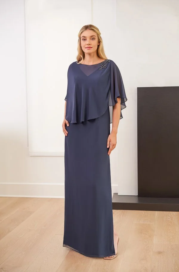 Front view of a dusty blue mother of the bride gown with a soft chiffon overlay, sheer flutter sleeves, embellished shoulder detail, and a graceful floor-length silhouette for formal occasions.