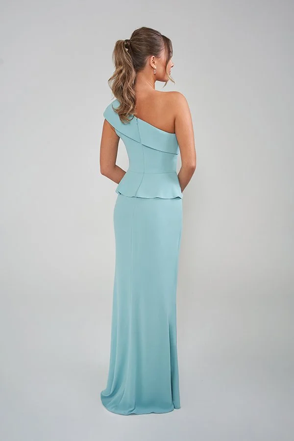 Back view of an elegant aqua mother of the bride gown featuring a one-shoulder asymmetrical neckline, flattering peplum waist detail, and a sleek floor-length silhouette for formal occasions.