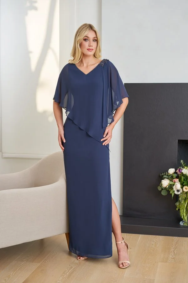 Front view of a dusty blue mother of the bride gown with a soft chiffon overlay, sheer flutter sleeves, beaded shoulder embellishment, V-neckline, and a floor-length skirt with an elegant side slit.