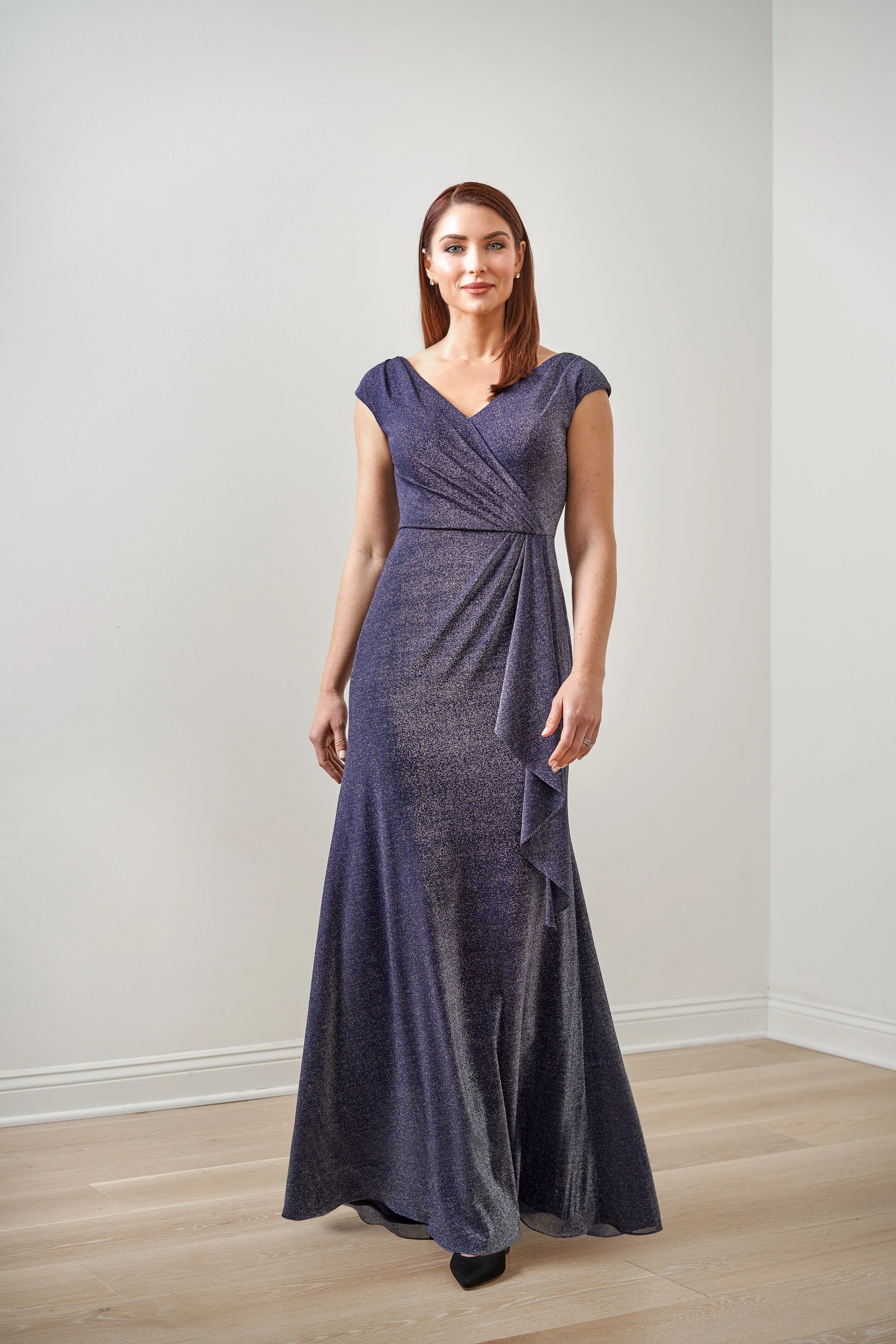 Front view of a shimmer purple mother of the bride gown with a flattering V-neckline, cap sleeves, ruched wrap-style bodice, and elegant draped waist detail for weddings and formal events.