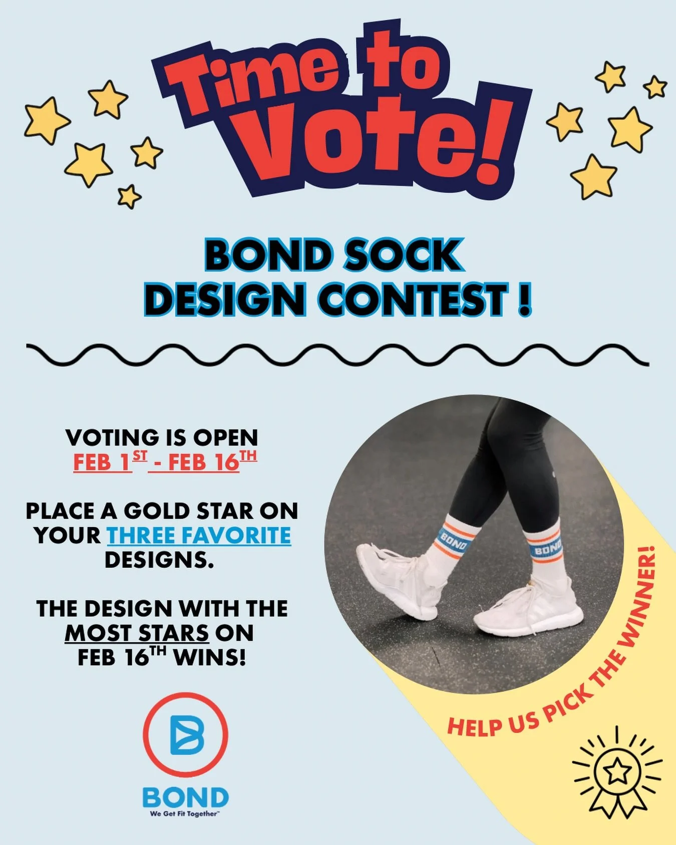 The Sock Design Contest voting is on! Vote in person at the gym now through 2/16. Winning design gets a free month at BOND! Let&rsquo;s do this!!