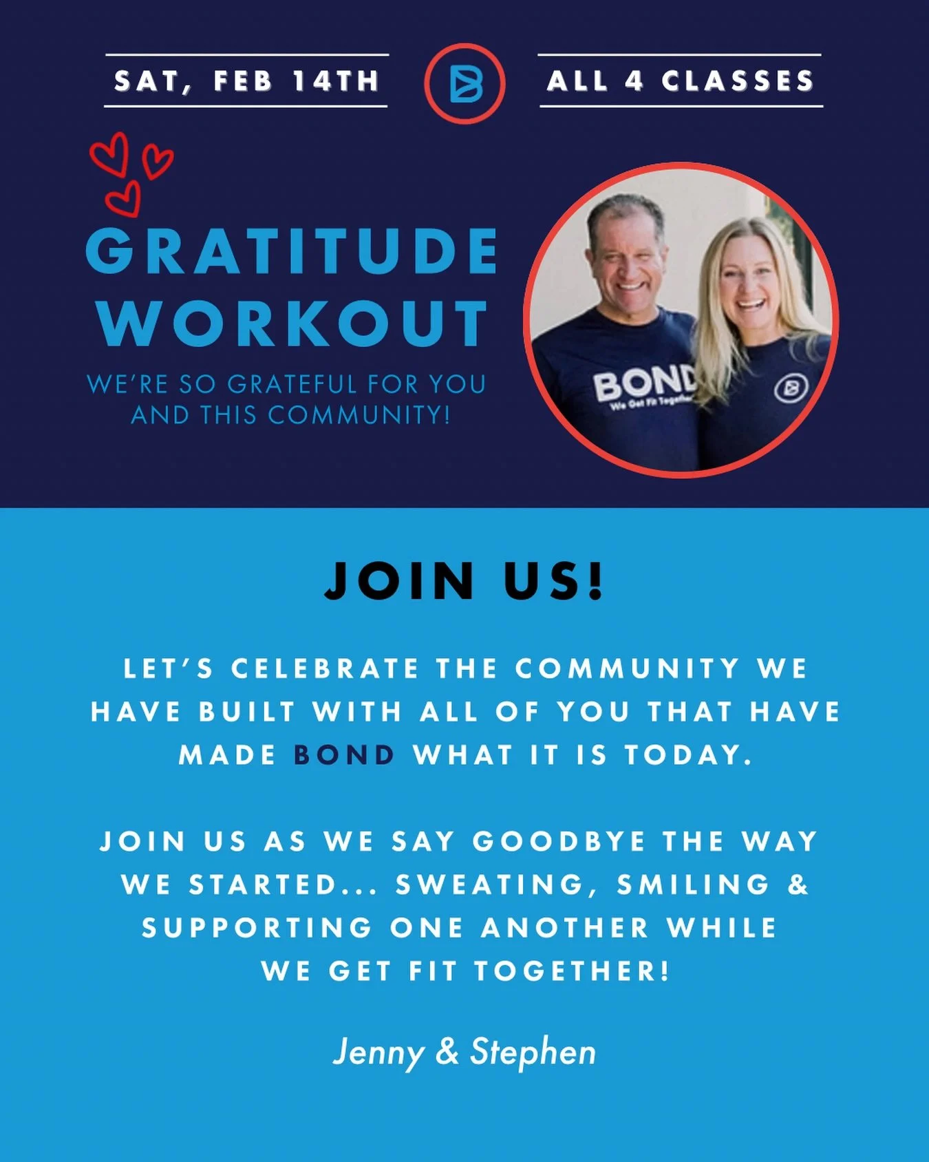 Jenny and Stephen are sharing their gratitude for 13 AMAZING YEARS with a special morning of workouts. Come celebrate with us all day Saturday 2/14 - classes at 7:30, 8:30, 9:30 &amp; 10:30. Rumor is Stephen may be on the 🎤&hellip; 😉 Snag your spot