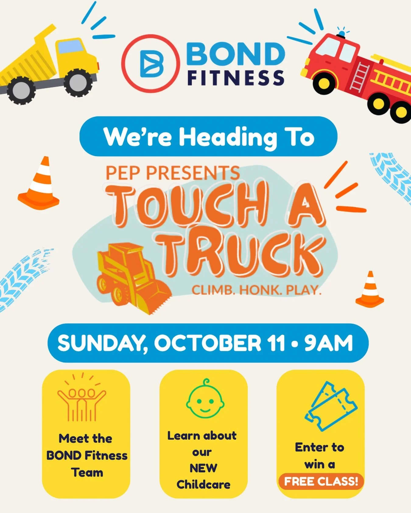 🚛 Come say Hi, Santa Barbara! 

We&rsquo;re excited to be at PEP Touch a Truck! @sb_pep 

💪 Learn more about Bond
👶 Get the scoop on our NEW Childcare 
🎉 Enter your chance to win a free class! 

Bring the family, check out some trucks, and come m