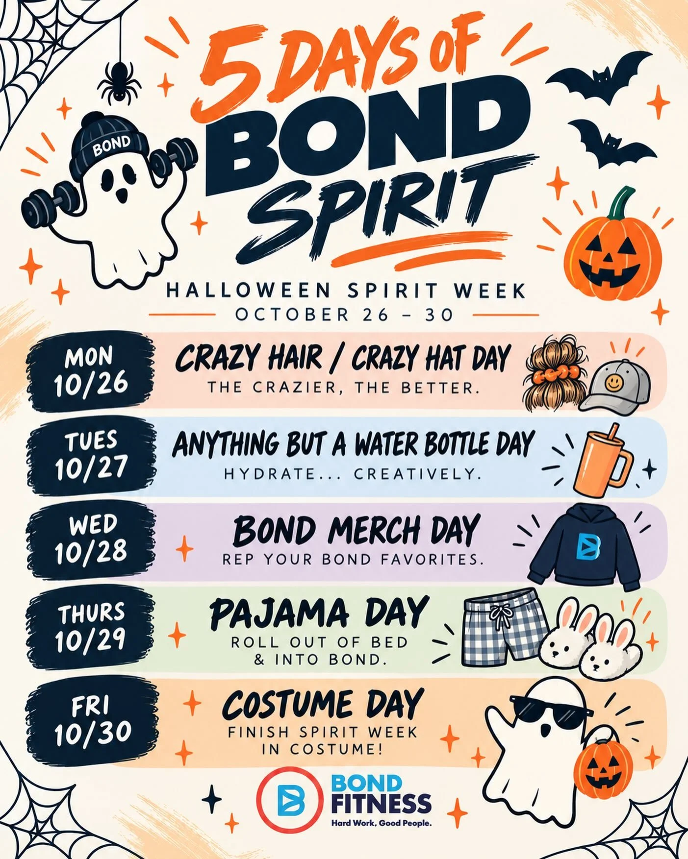 Halloween is fast approaching so we decided to have a little fun🎃👻 
  Feeling festive? Join us for Spirit Week for a chance to win a FREE MONTH of BOND! Every day you participate dressed up, you get 1 ticket in the raffle. Come 5 days for 5 chances