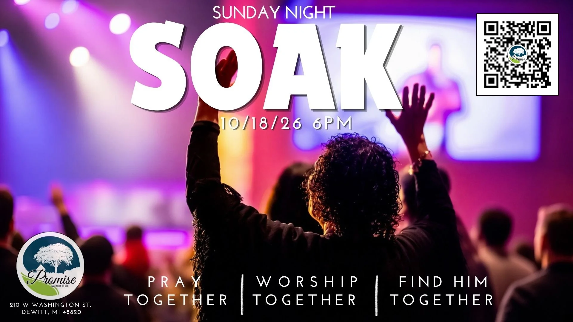 Sunday Night Soak (a night of intercessory prayer and worship) Sunday - October 18, 2026 at 6pm