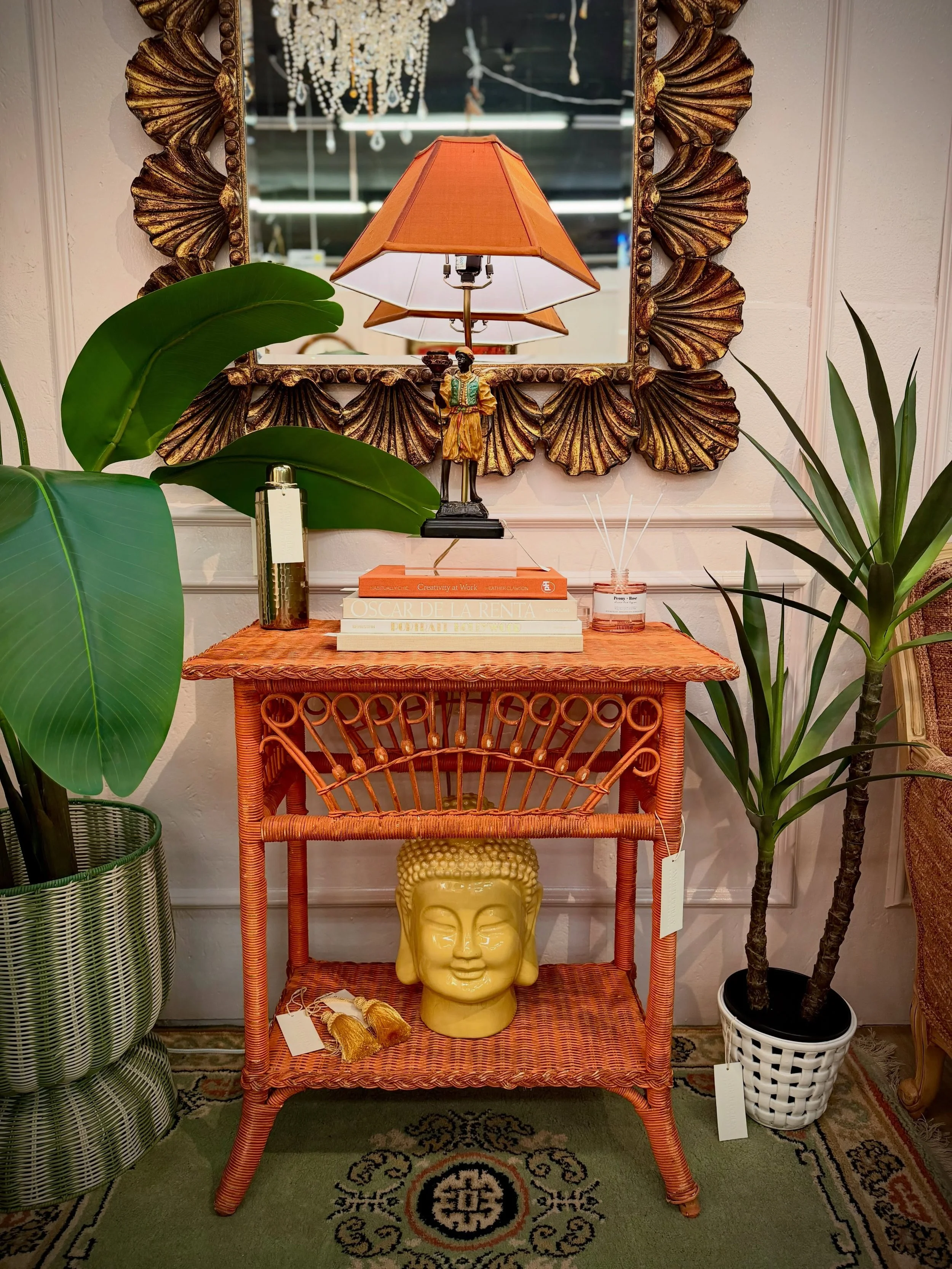 This entire situation needs its own post 🦒🌞📙⚱️🎍🏷️

Vintage Ralph Lauren Safari Collection Wicker Table - An authentic RL Safari Collection wicker rattan side table featuring exquisite woven scrollwork, fan whorl details, and a braided rim. Hand-