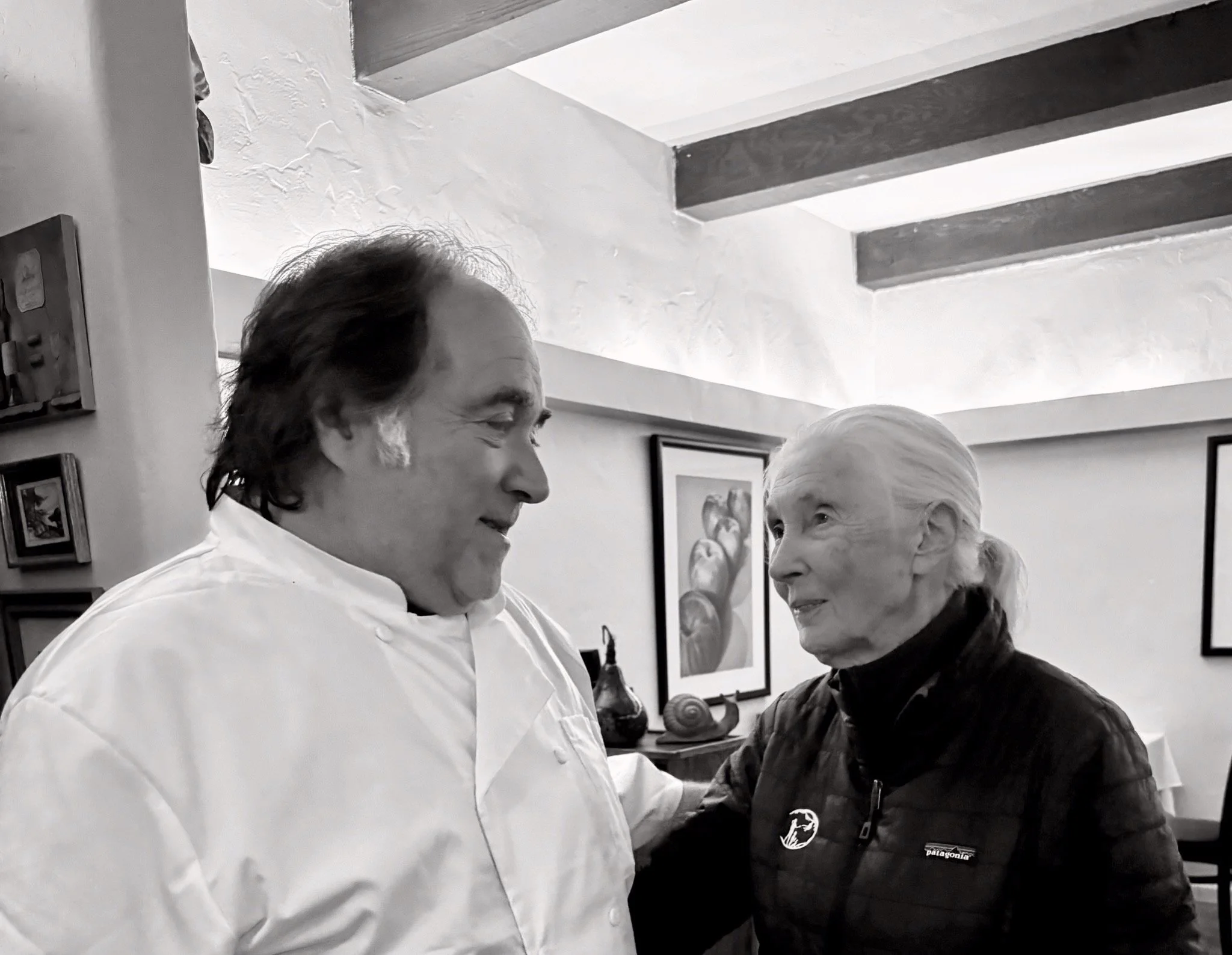 Dr Jane Goodall and Chef Kerry share a moment before her 90th Birthday celebration at L’Escargot 