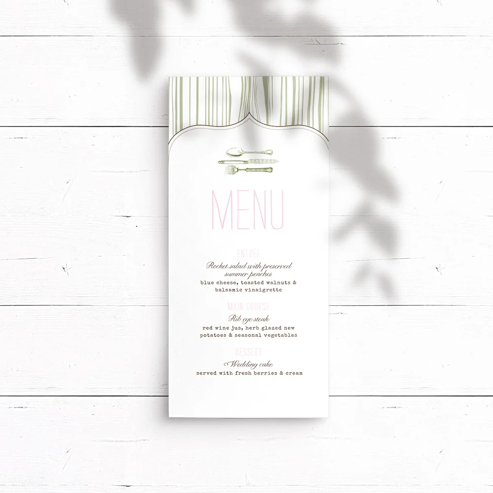 Elizabeth Wedding Menu (size DL 99mm W x 210mm H)