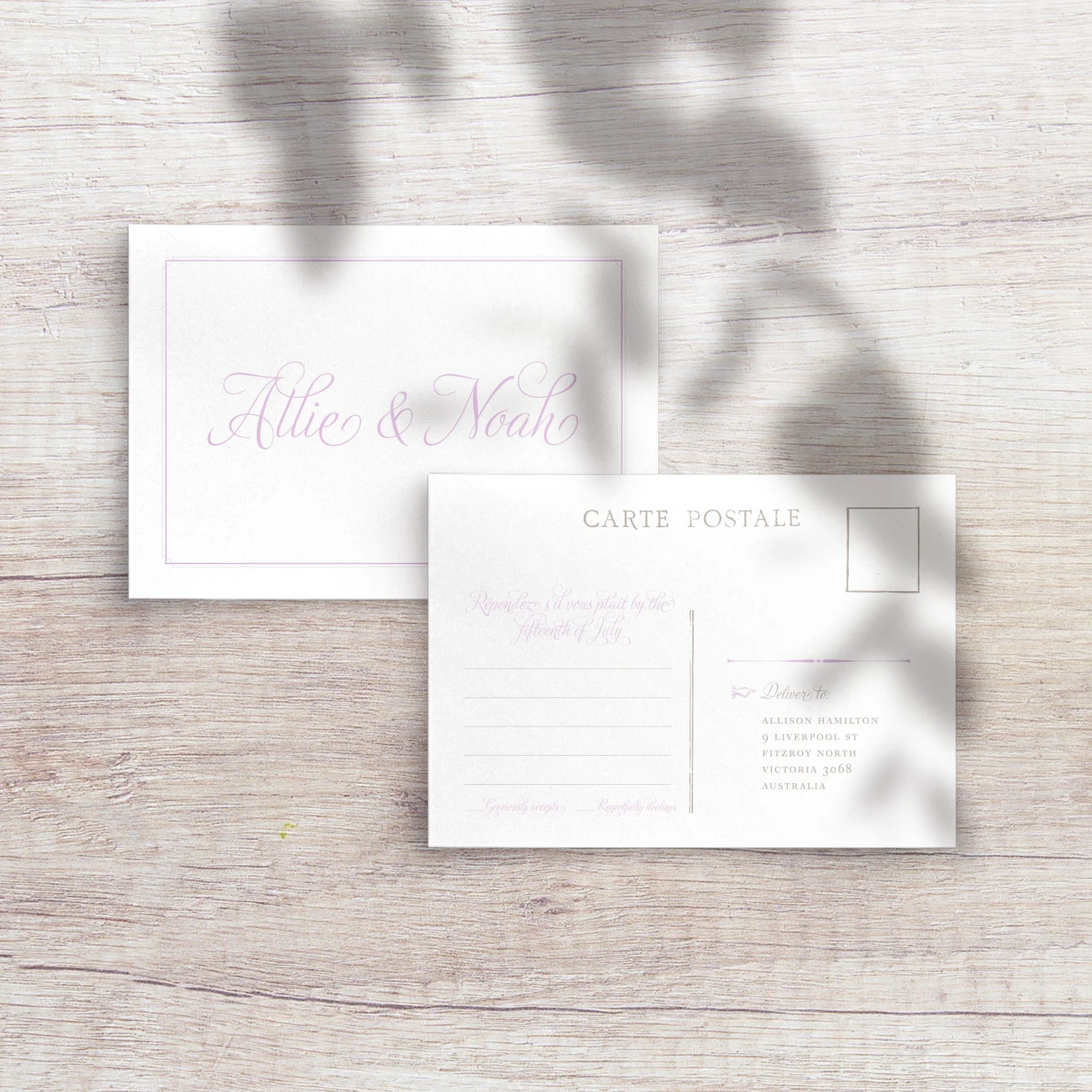 RSVP card (size A6 148mm W x 105mm H double sided)