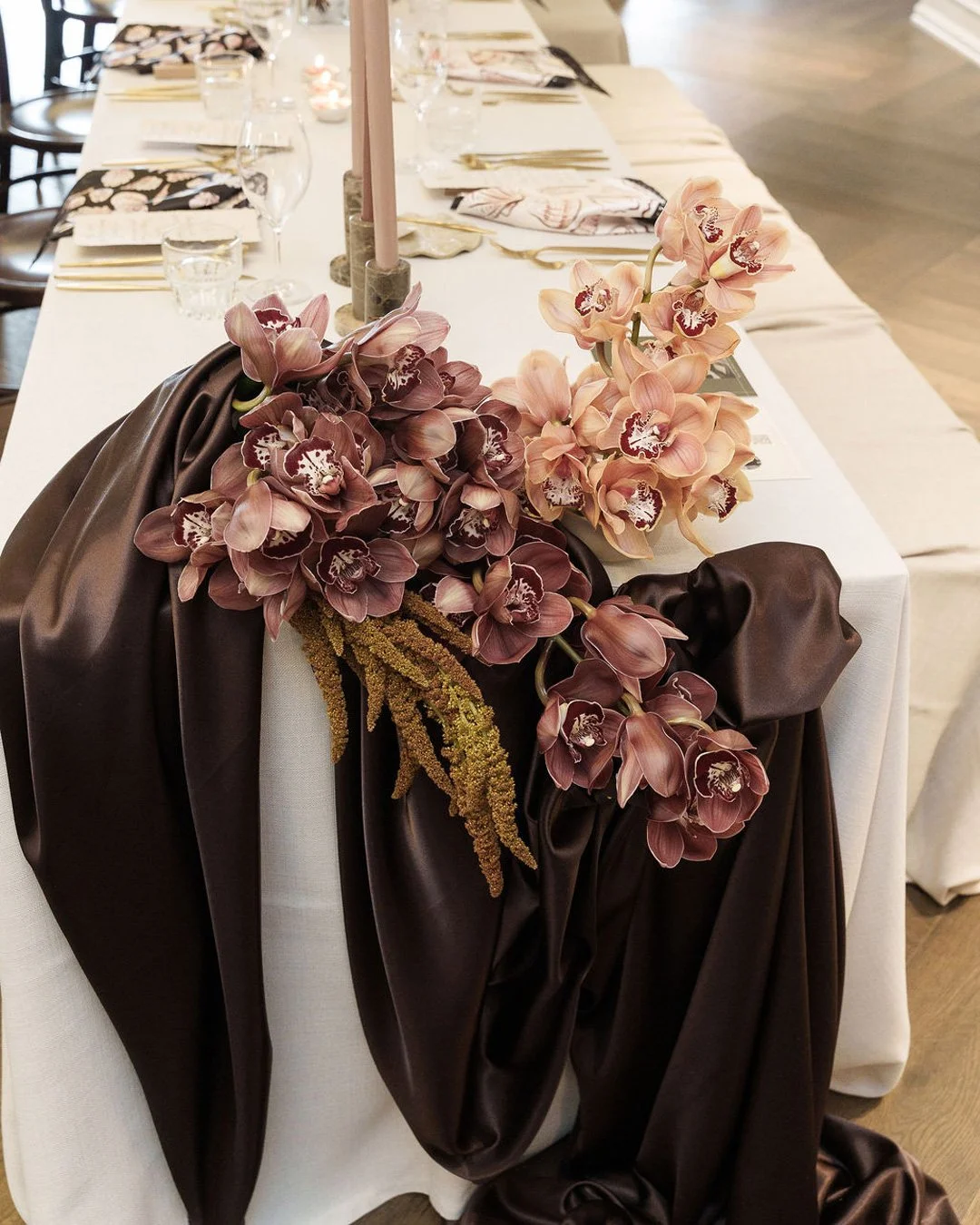chocolate-brown-modern-wedding-florals-draping-styling.jpg
