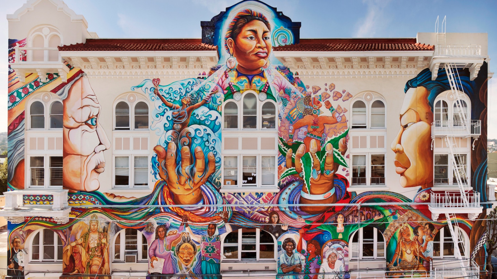 MaestraPeace Mural was painted in 1994 by Bay Area muralists: Juana Alicia, Miranda Bergman, Edythe Boone, Susan Kelk Cervantes, Meera Desai, Yvonne Littleton and Irene Perez. The mural serves as a visual testament to the courageous contributions of women through time and around the world.
