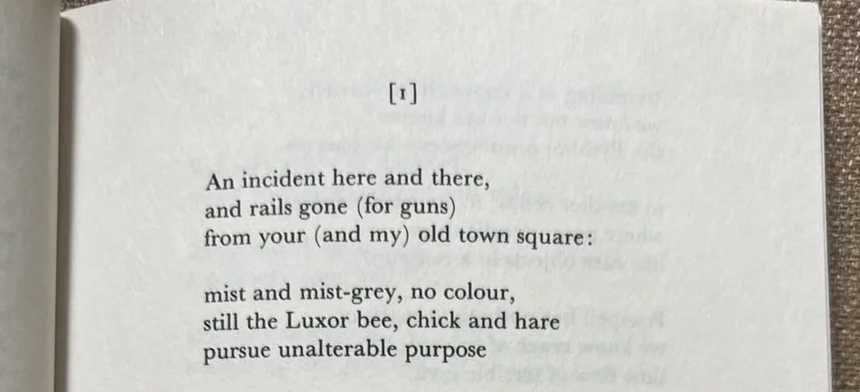 An incident here and there, and rails gone (for guns) from your (and my) old town square: mist and mist-grey, no-colour, still the Luxor bee, chick and hare pursue unalterable purpose