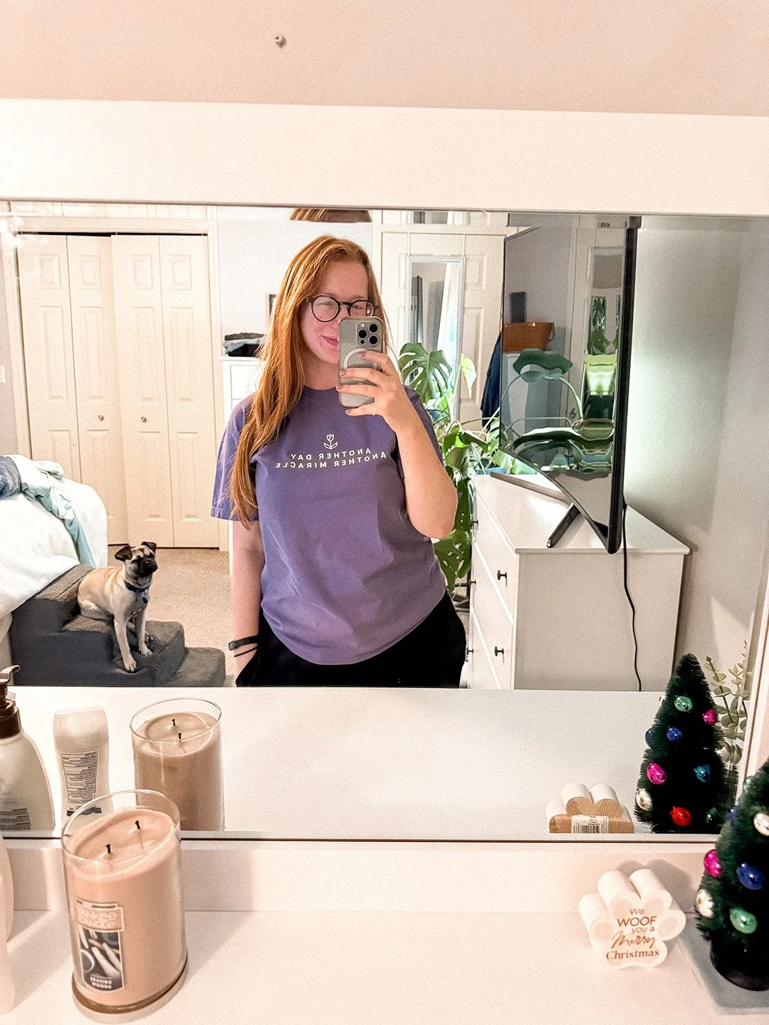 Girl in another day another miracle purple t-shirt