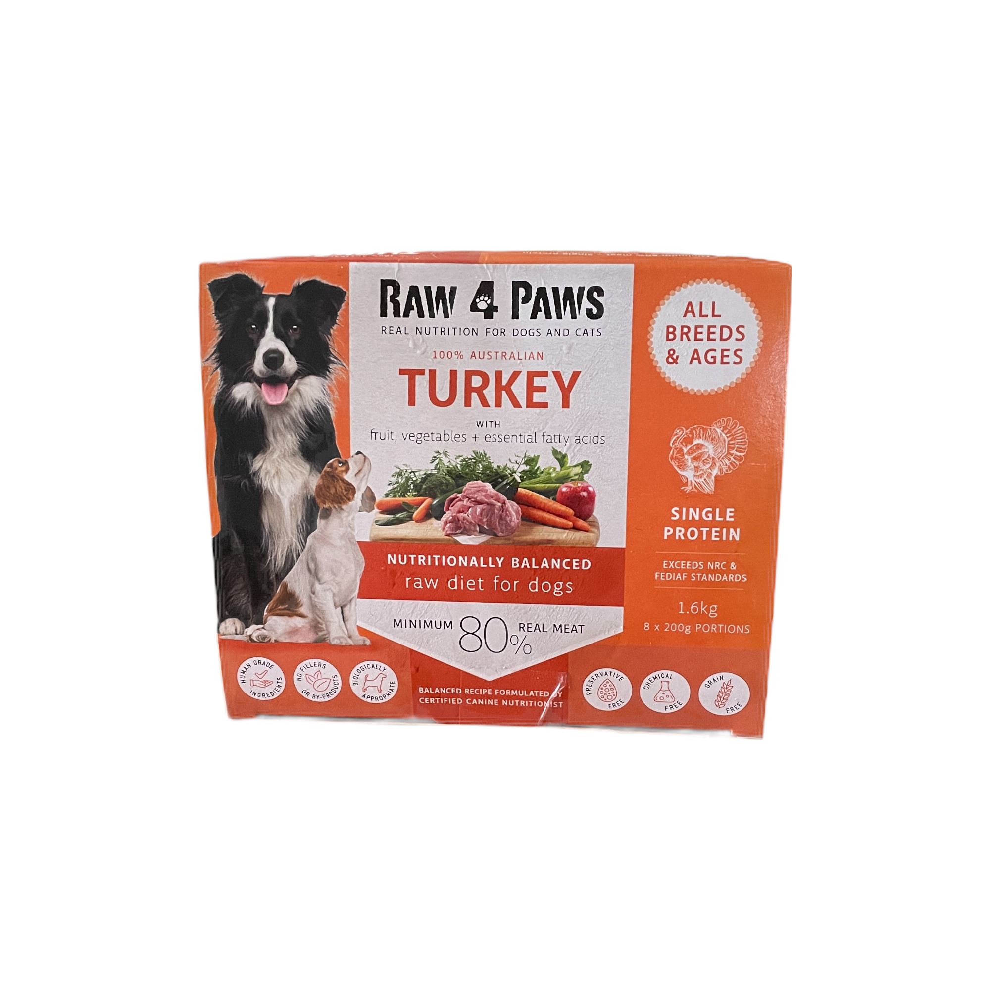 Raw 4 Paws Turkey 1.6KG  (8 x 200gr Chubs)