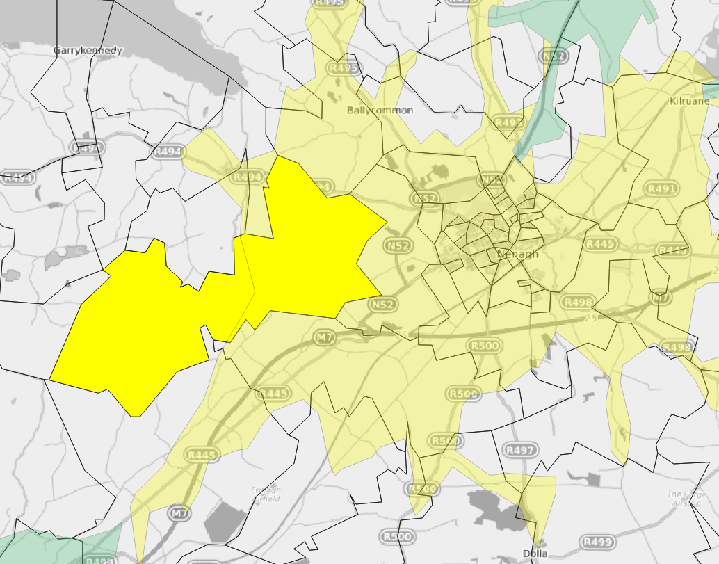  Small Area Polygon (solid yellow) and Intersection with 10 minute TTB for Nenagh (transparent yellow). 