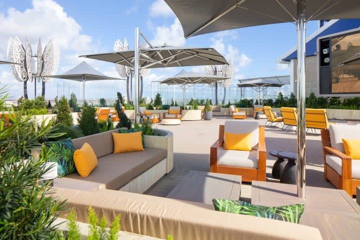 🌿✨ Welcome to the Rooftop Garden aboard the Celebrity Ascent! This luxurious outdoor space is perfect for lounging in comfortable chairs under the shade of umbrellas, enjoying stunning architectural views, and catching a movie on the big screen. The
