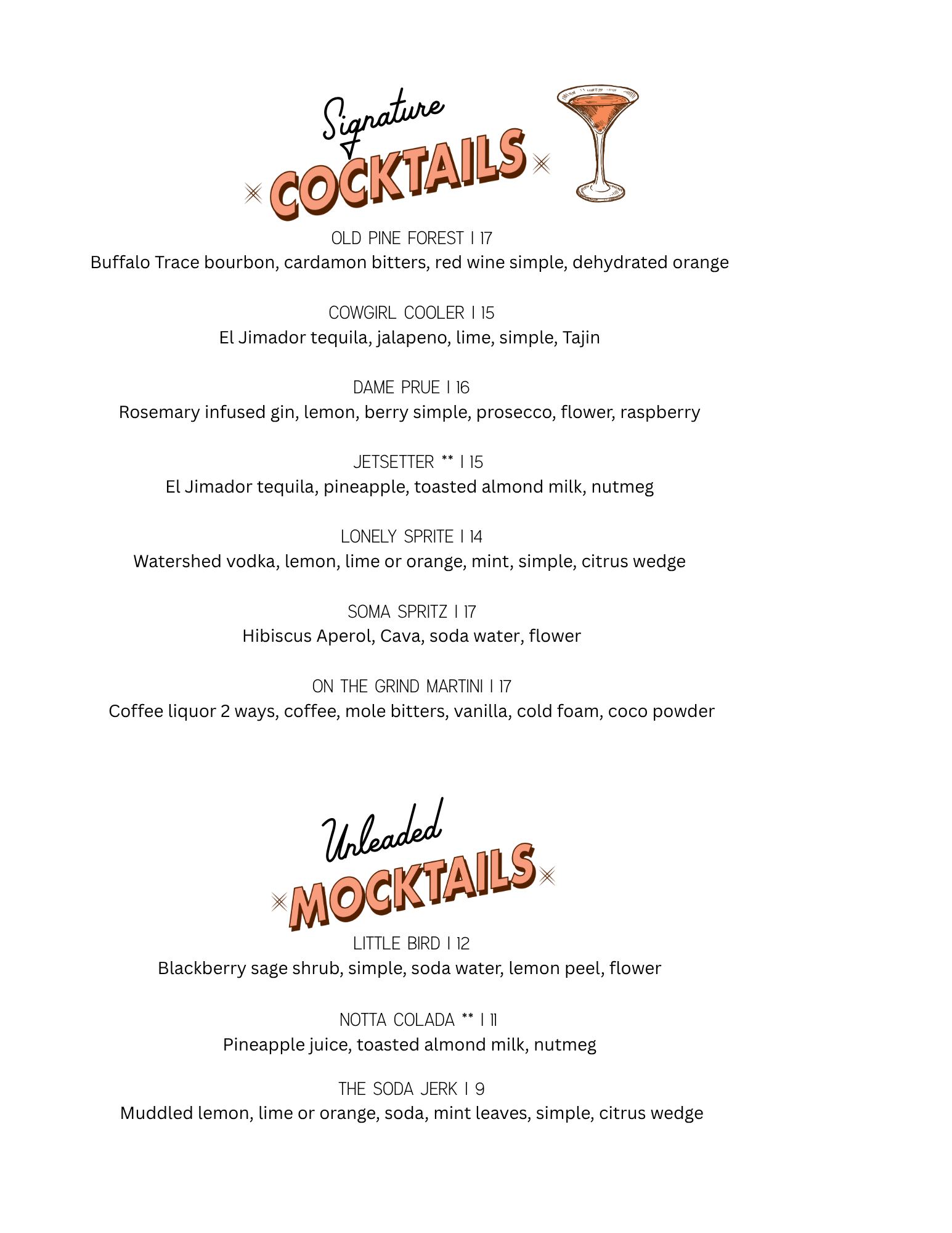 "Lonely Pine Steakhouse signature cocktail menu featuring Old Pine Forest Old Fashioned, Cowgirl Cooler, Dame Prue, espresso martini, spritzes, and handcrafted mocktails."