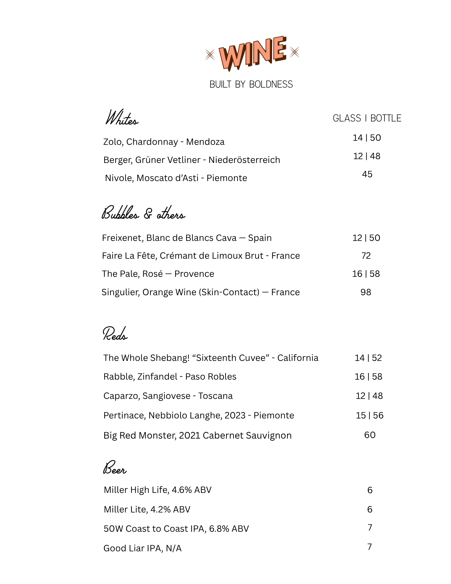 "Lonely Pine Steakhouse wine and beer menu featuring red wines, white wines, sparkling wines, rosé, craft beer, and domestic beer selections."
