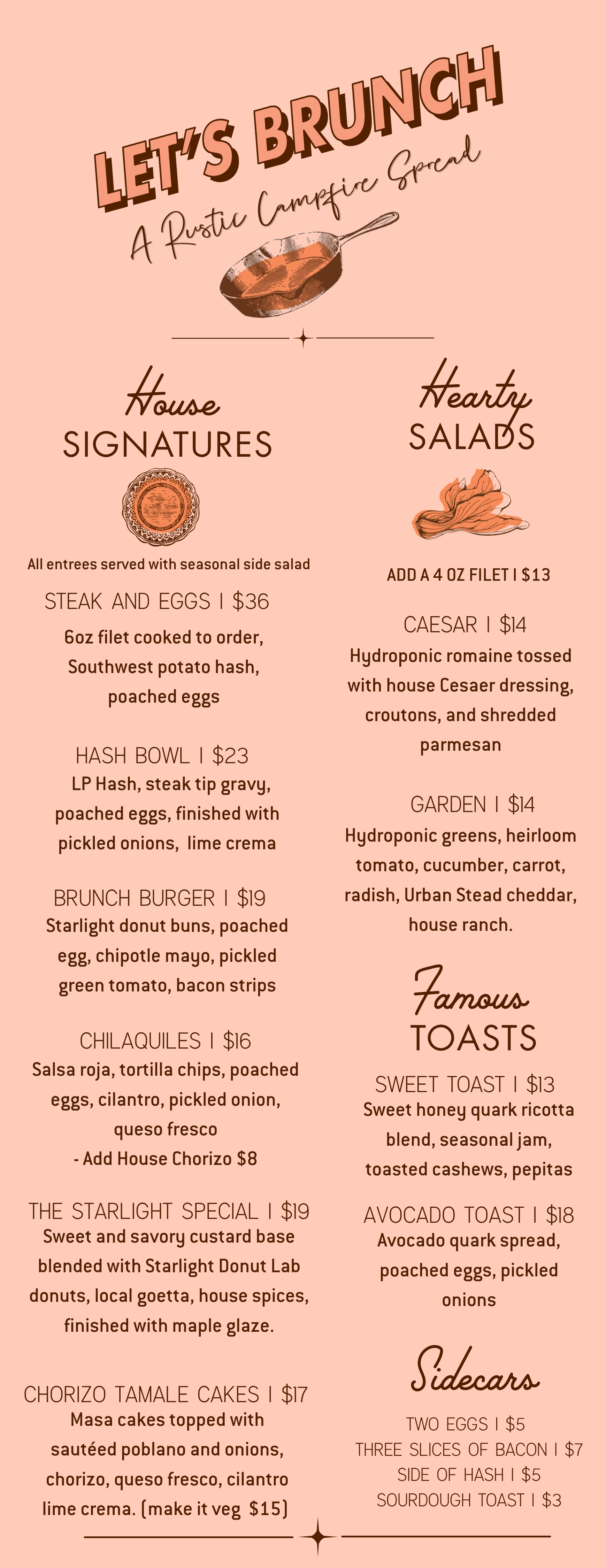 "Weekend brunch at Lonely Pine Steakhouse featuring steak and eggs, house specialties, fresh salads, and signature brunch dishes."