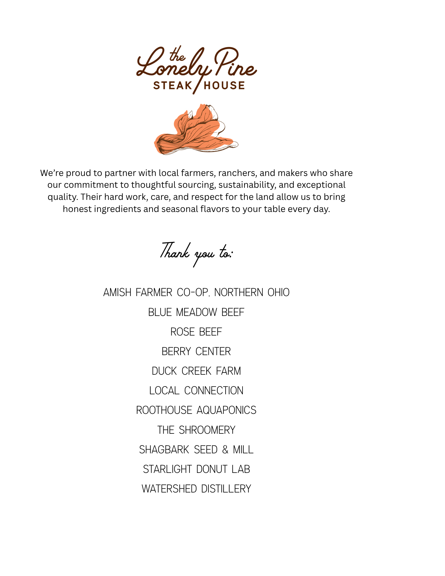 "Lonely Pine Steakhouse local sourcing partners featuring Cincinnati-area farms, ranchers, bakeries, distilleries, and food producers committed to sustainable ingredients."